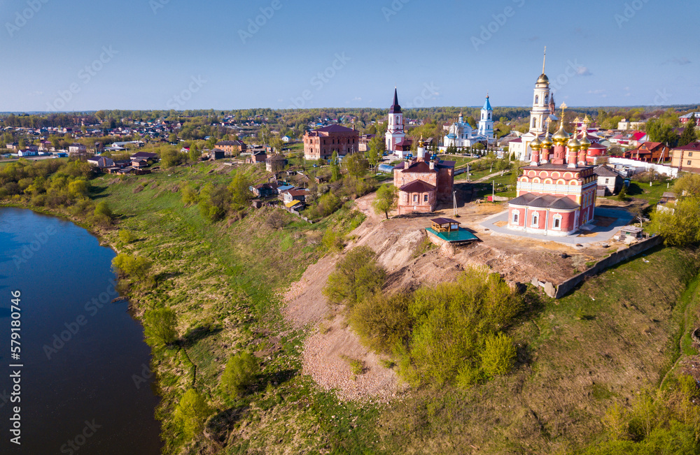 Panoramic aerial view of district of Belev on riverside, Tula region, Russia
