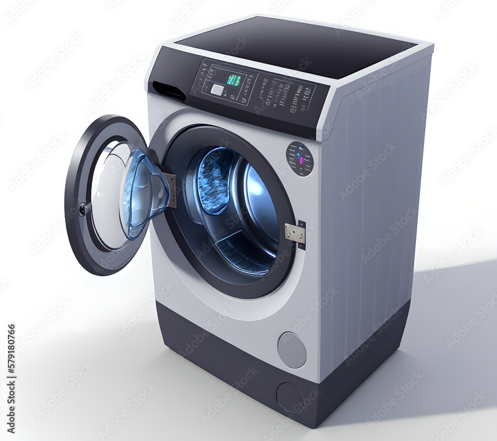 Small cute washing machine toy, 3D reference model. AI generated model reference image isolated on solid background - obrazy, fototapety, plakaty 