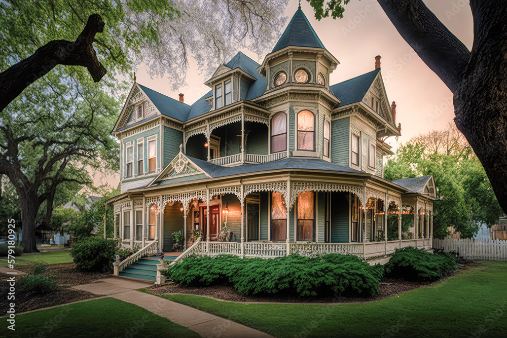 Classic Victorian home with a wrap-around porch and antique decor ...
