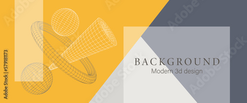 Modern technology yellow and gray background with grid wireframe 3d shapes. Vector illustration science algorithms. Geometric design concept minimalistic banner.