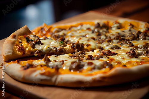 Close up of Philly Cheese Steak pizza. Delicious pizza slice illustration. AI Generated.