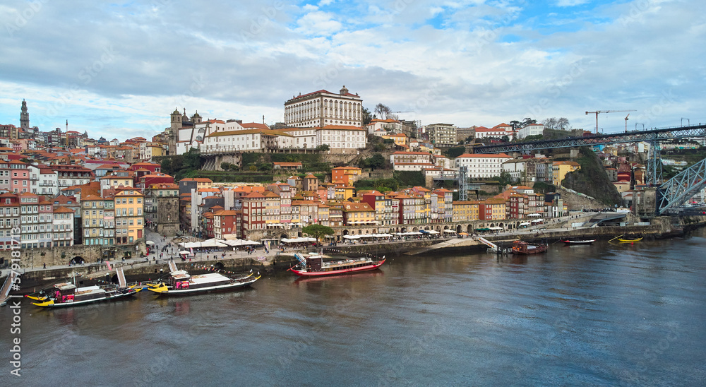 Aerial view of the old city of Porto. Portugal old town ribeira aerial promenade view with colorful houses. High quality photo