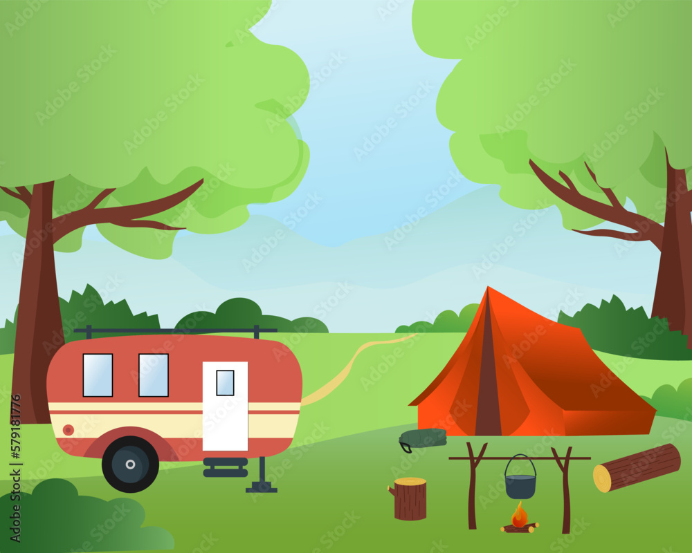 Country rest in camping. Trailer, tent, campfire and bowler hat. Vector landscape drawing. For books and brochures, covers, web pages and social networks, flyers and advertisements.
