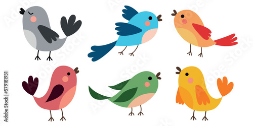 Set of small colorful birds. Spring cute birds with red cheeks. Vector illustration of birds for cards  posters  banners. Birds isolated on white background