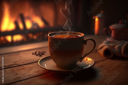 illustration, a cup full of hot tea on a wooden table, ai generative