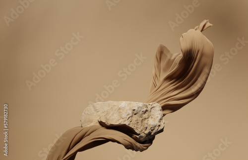 3D background. Podium,stone display. Beige luxury flying cloth in motion. Glamour minimal pedestal for beauty, cosmetic product presentation. Feminine mockup. Nude, brown template, studio 3d render