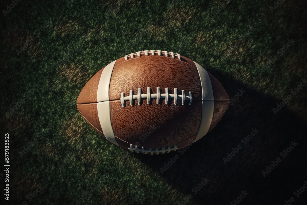 Obraz premium American football ball close up view on grass field, Generative AI