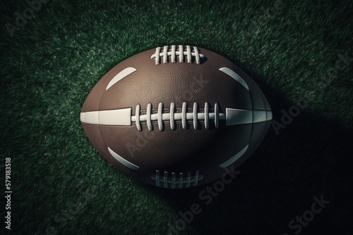 American football ball close up view on grass field, Generative AI