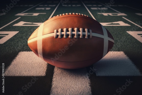 American football ball on the field line close-up view, Generative AI