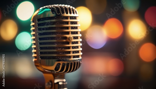 Microphone on bokeh background with copy space, Generative AI
