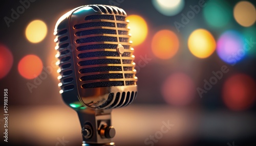 Microphone on bokeh background with copy space, Generative AI 
