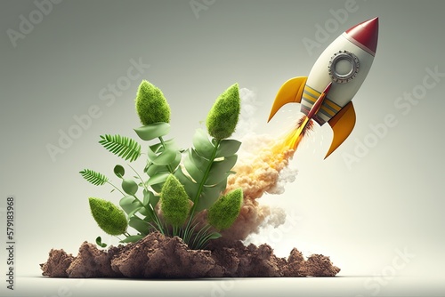 Rocket taking off over plant, startup growth concept, Generative AI
