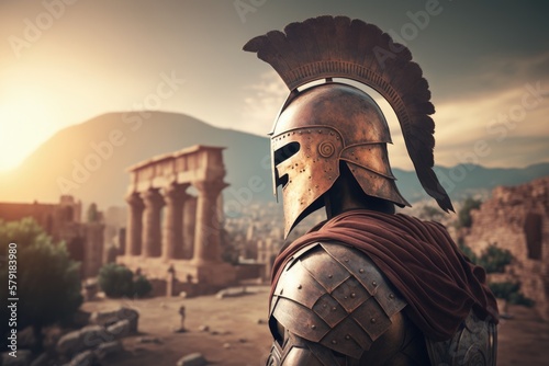 Spartan soldier and Greek monument in the background, Generative AI photo