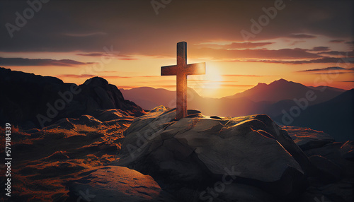 Cross at Sunset Easter- Christmas Theme Landscape Background AI Generative