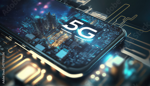 5G (Mobilfunkstandard), stehend für die fünfte Generation des Mobilfunks symbolisch in leuchtender Schrift auf einem Smartphone (Generative AI) photo