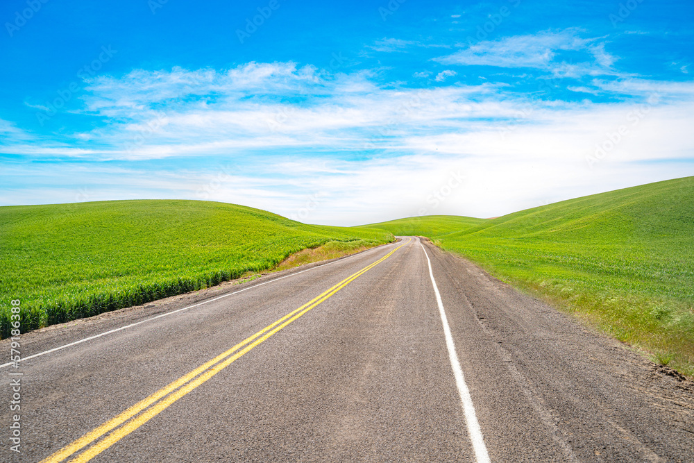 An empty road surrounded by fields in Eastern Washington State An empty road surrounded by fields in Eastern Washington State