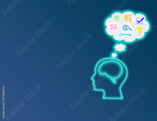 digital head with the brain, above is a cloud with icon internet security, online shopping, sending a message