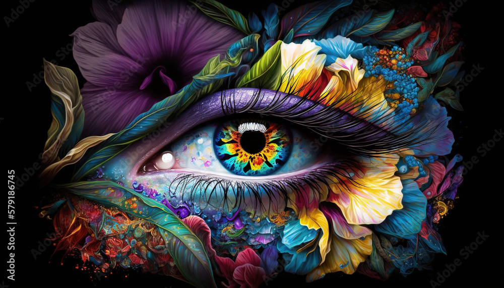 Eye wrapped in flowers, human iris, Generative AI 