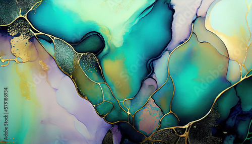 Liquid Abstrct Green and Gold Alcohol Ink Painting Background AI Generative photo