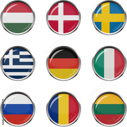 世界の国旗ボタンアイコンセット☆ヨーロッパ☆ハンガリー,デンマーク,スウェーデン,ギリシャ,ドイツ,イタリア,ロシア,ルーマニア,リトアニア