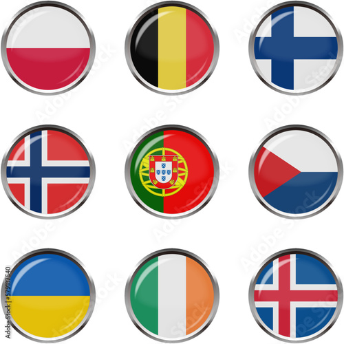 世界の国旗ボタンアイコンセット☆ヨーロッパ☆ポーランド,ベルギー,フィンランド,ノルウェー,ポルトガル,チェコ,ウクライナ,アイルランド,アイスランド