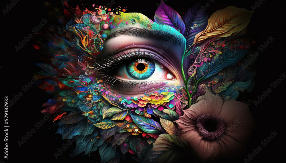 Eye wrapped in flowers, human iris, Generative AI
