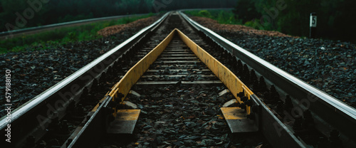 Dramatic scenery with railway in perspective and turn. Journey on rail track. Sleepers and rails close-up. Vanishing perspective. Receding lines. Landscape with railroad. Background with copy space. photo