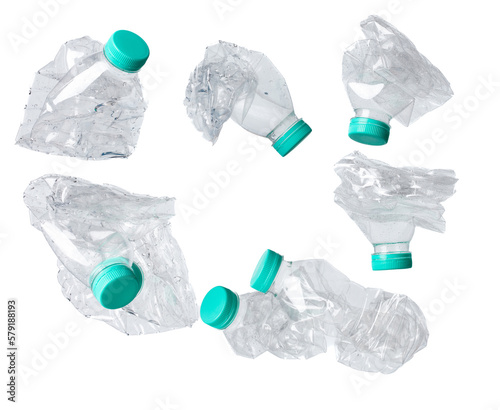 Fotografie Plastic Bottle fall fly in mid air, pet plastic bottle floating explosion with green lid
