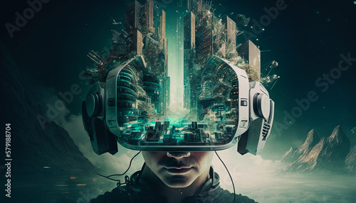 Vr headset, double exposure, metaverse, futuristic virtual world, state of consciousness, technology 
