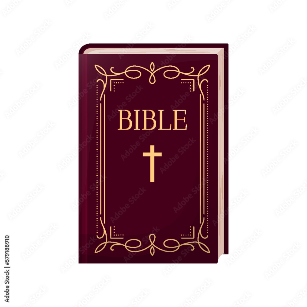 Holy Bible book religion icon worship flat. Study history jesus christ easter church attribute prayer currant dark velvet wood cover close gold title cross divider ornate vintage frame stand isolated