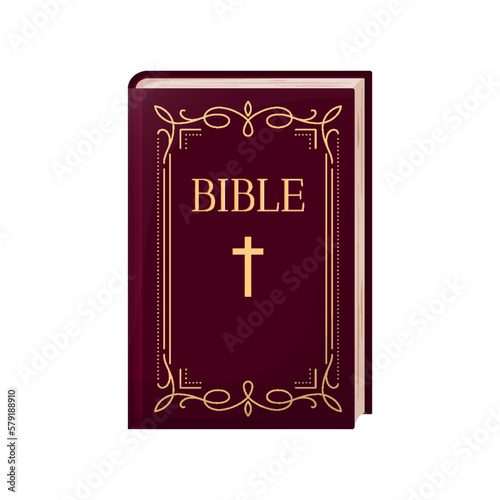 Holy Bible book religion icon worship flat. Study history jesus christ easter church attribute prayer currant dark velvet wood cover close gold title cross divider ornate vintage frame stand isolated