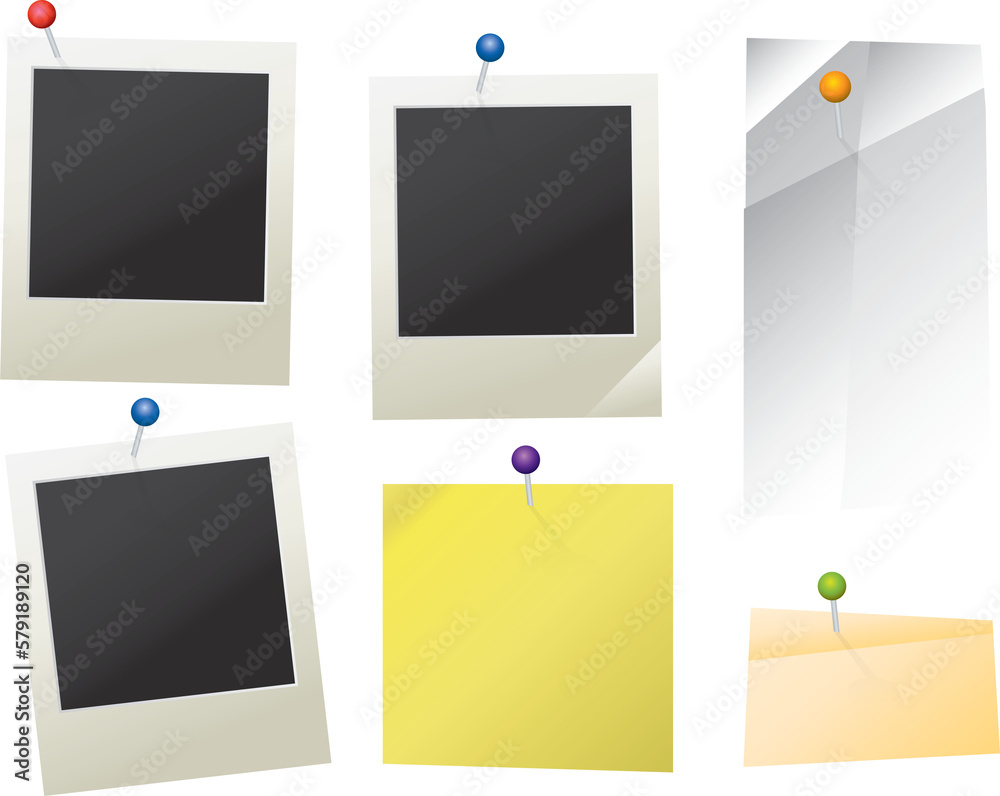 Pinned Paper and Photos on Transparent Background Pinned Paper and Photos on Transparent Background