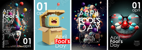 April 1, April fool's day. Crazy funny illustrations of a laughing clown in a cap, a toy on a spring, glasses with a nose and a smile, balloons for a poster, background or greeting card