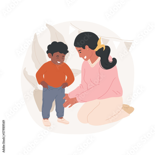 Learning to get dressed isolated cartoon vector illustration. Teach toddler to get dressed independently, adult help, put clothes on, self-care skills development, kindergarten vector cartoon.