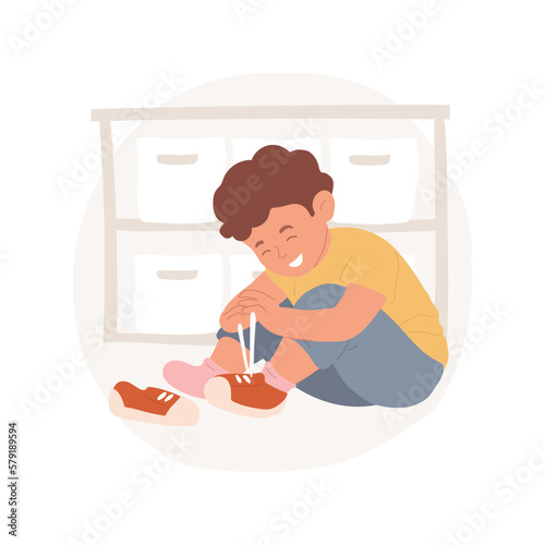Learn to put shoes on isolated cartoon vector illustration. Child getting dressed independently, learning to put on shoes, self-care skills, early education, daycare center vector cartoon.