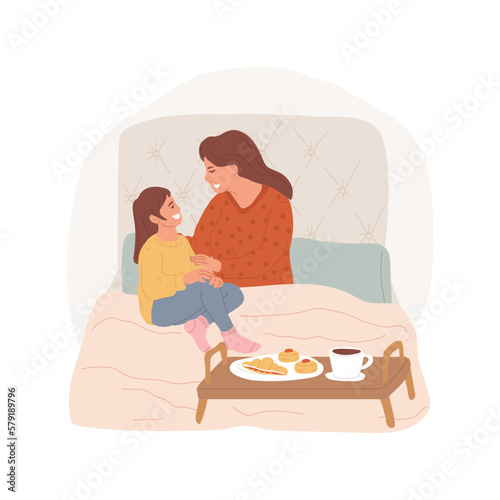 Serving breakfast in bed isolated cartoon vector illustration. Breakfast in bed on Mothers Day, attractive young woman with little cute girl spend time together at home vector cartoon.