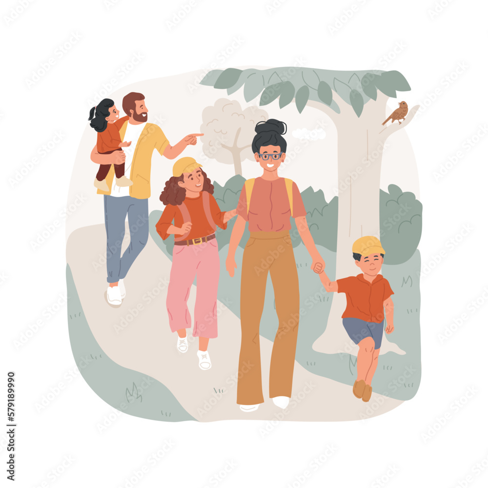Walk in nature isolated cartoon vector illustration. Family members walking in park on Earth Day, people hiking along path, public holiday, celebrating festive days together vector cartoon.