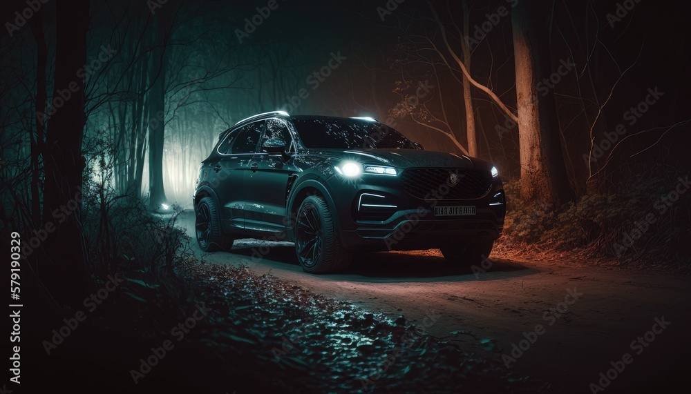 Car suv in forest at night. Created with Generative AI. - obrazy, fototapety, plakaty 