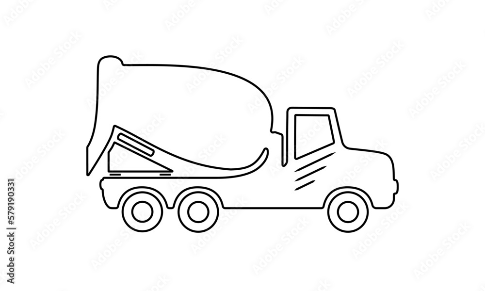 Cement mixer truck outline stroke icon isolated on white. Construction transportation sign. Transportation truck for use in logistics, automotive, mixer truck design projects. 