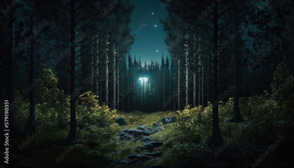 forest at night with a big moon. Created with Generative AI.