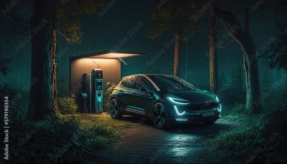 electric car charging at an EV station in a green forest environment. Created with Generative AI.