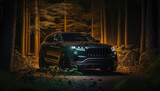 Car suv in forest at night. Created with Generative AI.