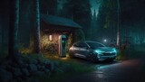 electric car charging at an EV station in a green forest environment. Created with Generative AI.