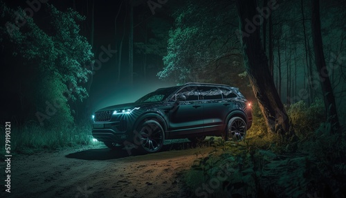 Car suv in forest at night. Created with Generative AI.