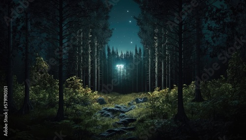 forest at night with a big moon. Created with Generative AI.