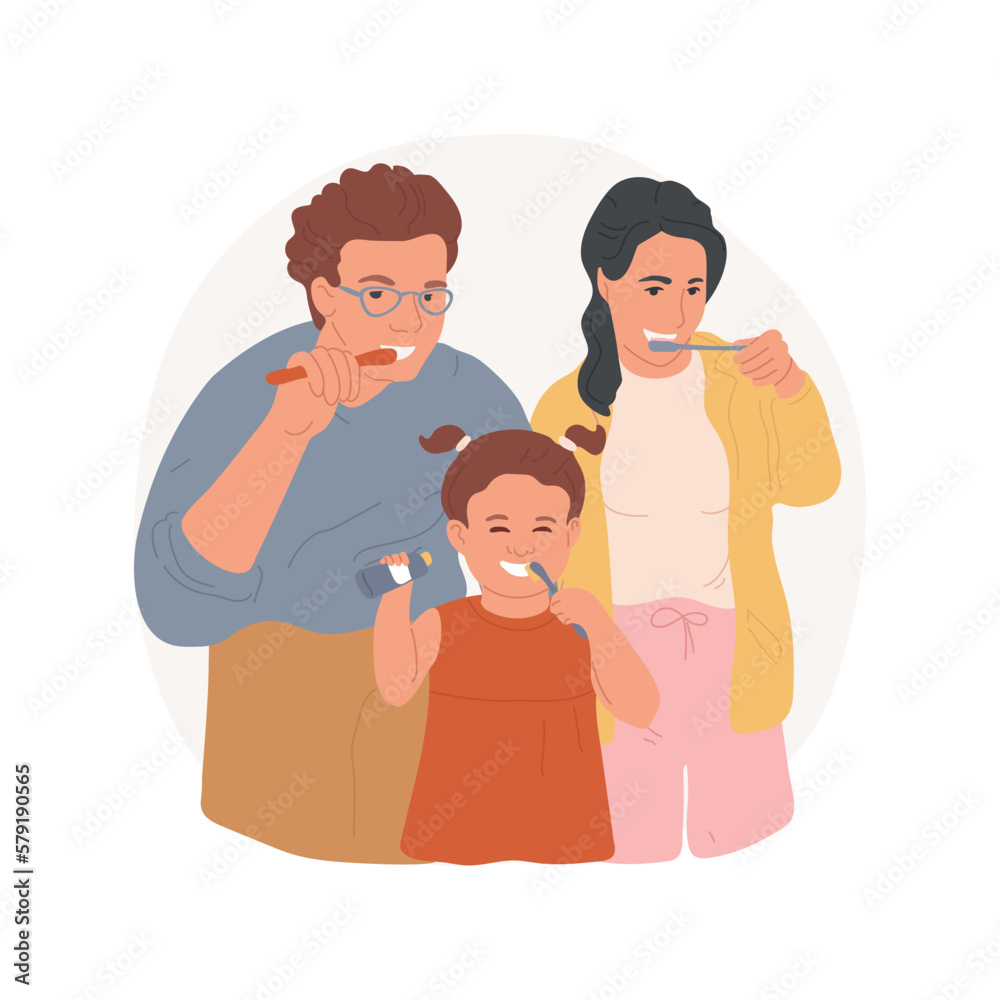Brushing teeth together isolated cartoon vector illustration. Happy parents brushing teeth with kid together, people hygiene rules, family lifestyle, morning rituals vector cartoon. Brushing teeth together isolated cartoon vector illustration. Happy parents brushing teeth with kid together, people hygiene rules, family lifestyle, morning rituals vector cartoon.