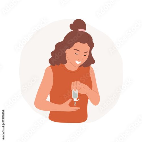 Sanitizer isolated cartoon vector illustration. Woman uses portable antibacterial sanitizer, washing hands from disinfecting bottle, hygiene rules, stop spreading coronavirus vector cartoon.