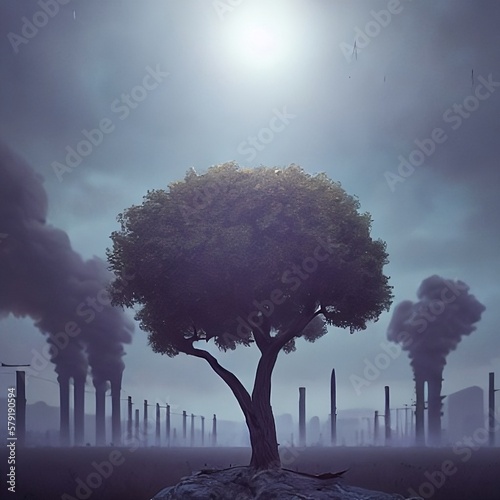 the tree survived the polluted land - illustration