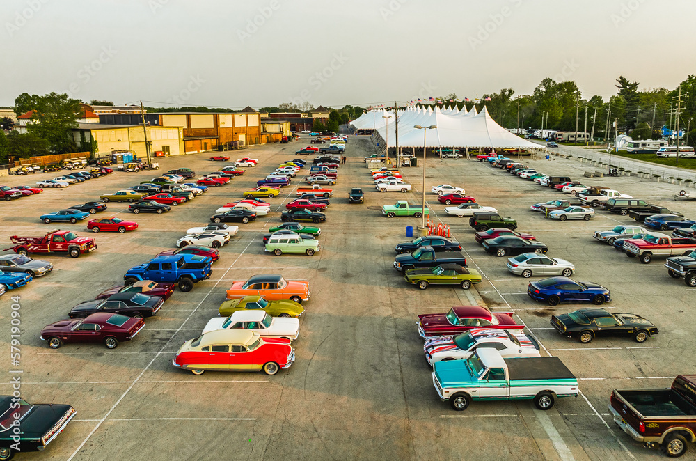 Indianapolis, Indiana, United States - May 11th, 2022: An aerial view of a vintage car show at the Indiana State Fairgrounds.