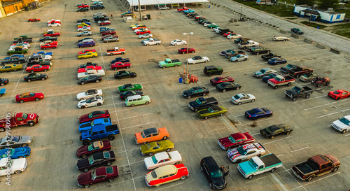 Indianapolis, Indiana, United States - May 11th, 2022: An aerial view of a vintage car show at the Indiana State Fairgrounds.